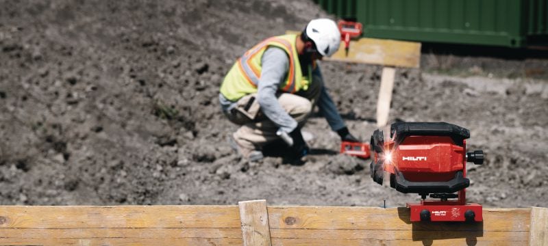 PR 40-22 Niveau laser rotatif à pente unique Niveau laser rotatif extérieur robuste avec fonctions automatiques pour le nivellement, l'alignement, l'inclinaison et l'équerrage longue distance (Plateforme de batteries Nuron) Applications 1